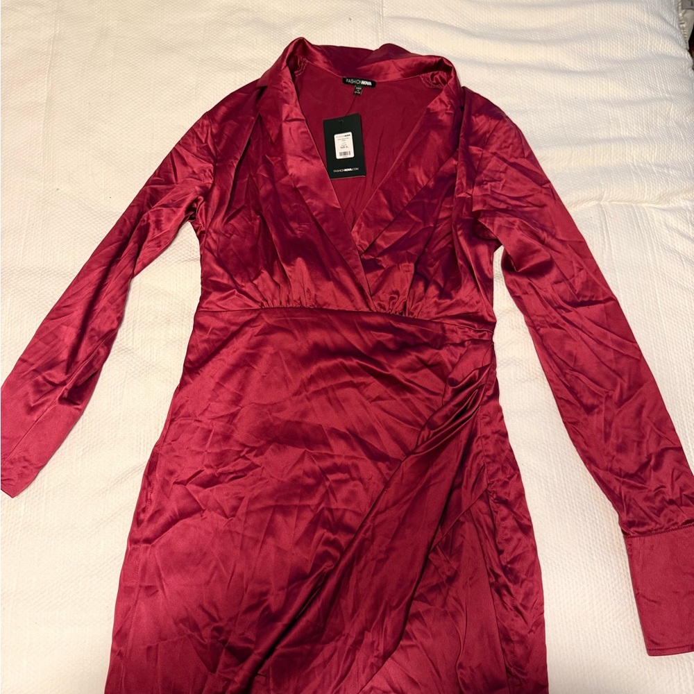Fashion Nova Burgundy Long Sleeve Dress